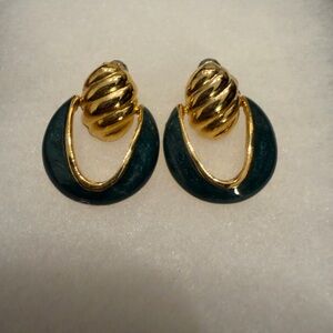 Gold & Teal Statement Earrings • Ridged Oval + Half-Moon • Bold Modernist Style